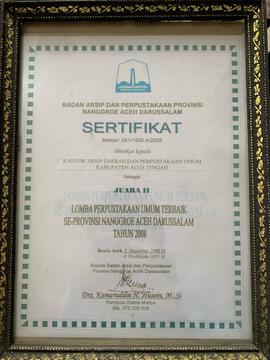 Sertifikat Lomba Perpustakaan Umum Terbaik Se-Provinsi Nangeroe Aceh Darusalam Tahun 2008