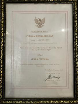 Piagam Penghargaan Lomba Perpustakaan Umum Kabupaten / Kota Terbaik Se-Aceh Tahun 2009