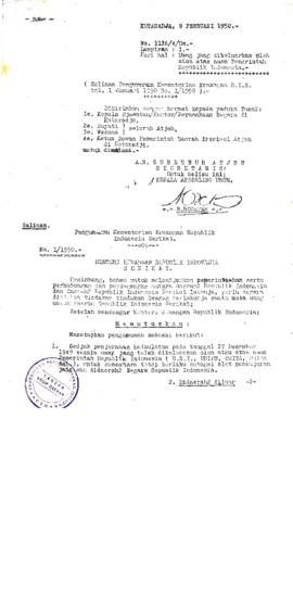 AC02-11/1- 11.6 - Surat Dari Gubernur Aceh, No.1126/4/Um. Kuta Raja tanggal 9 Februari 1950. Peri...