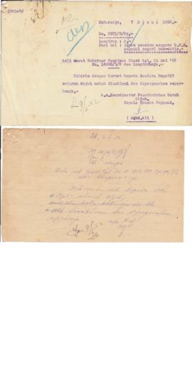 Surat Kepala Urusan Pegawai Pemerintahan untuk Aceh ,Kota Raja tanggal 7 Juni 1952 No.2571/5/Pg (...